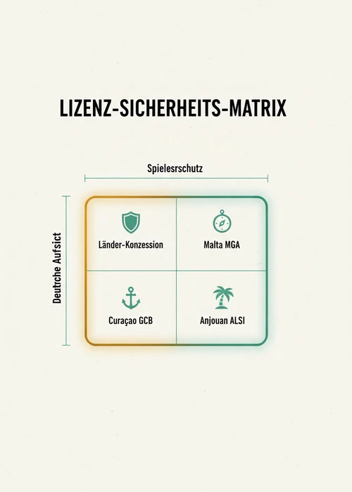 Abstrakte Darstellung von Sicherheitsschildern und Tischspielen in einem Online-Casino-Umfeld