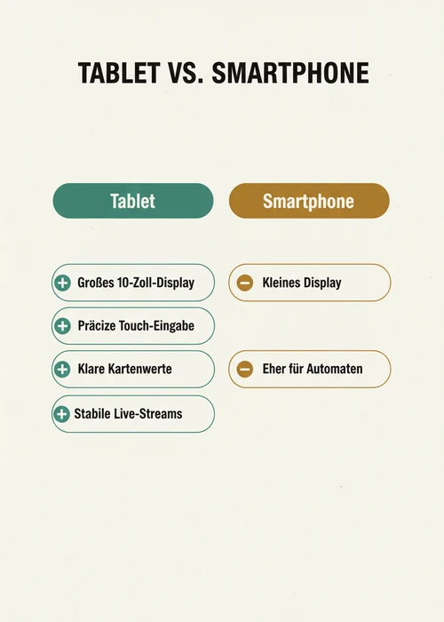Tablet mit Roulette- und Blackjack-Spiel auf dem Bildschirm